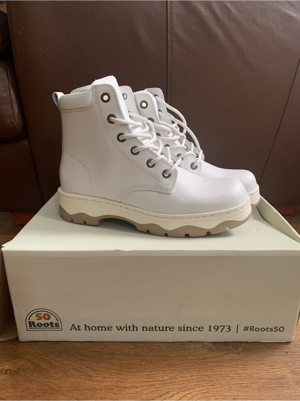 Roots Unisex White Italian Leather Lug-Sole TUFF Ankle Boots